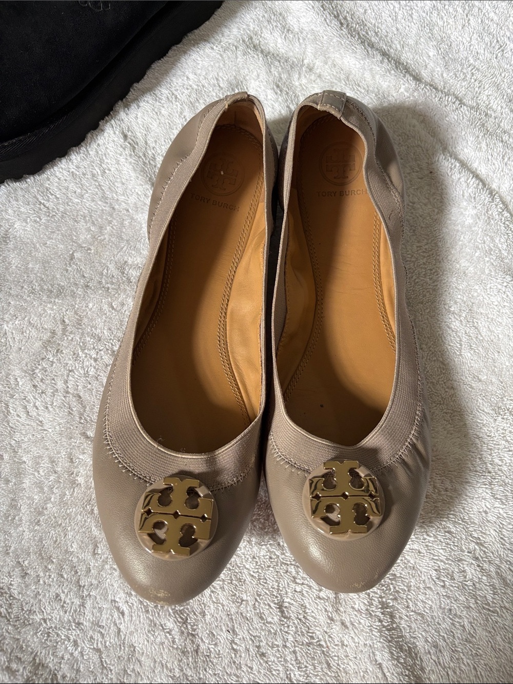 Tory Burch Taupe Leather Reva Ballet Flats with Gold Logo